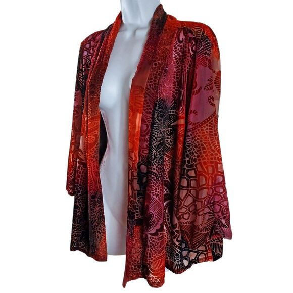 Notations Burnout Velvet Cardigan L Sheer Red Black Ruched Sleeve Boho Layer - Picture 3 of 9